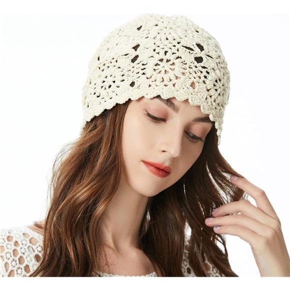 Women Cotton Crochet Beanie Hat CuteKnit Cutout Summer Floral Skull Cap - Picture 2 of 7
